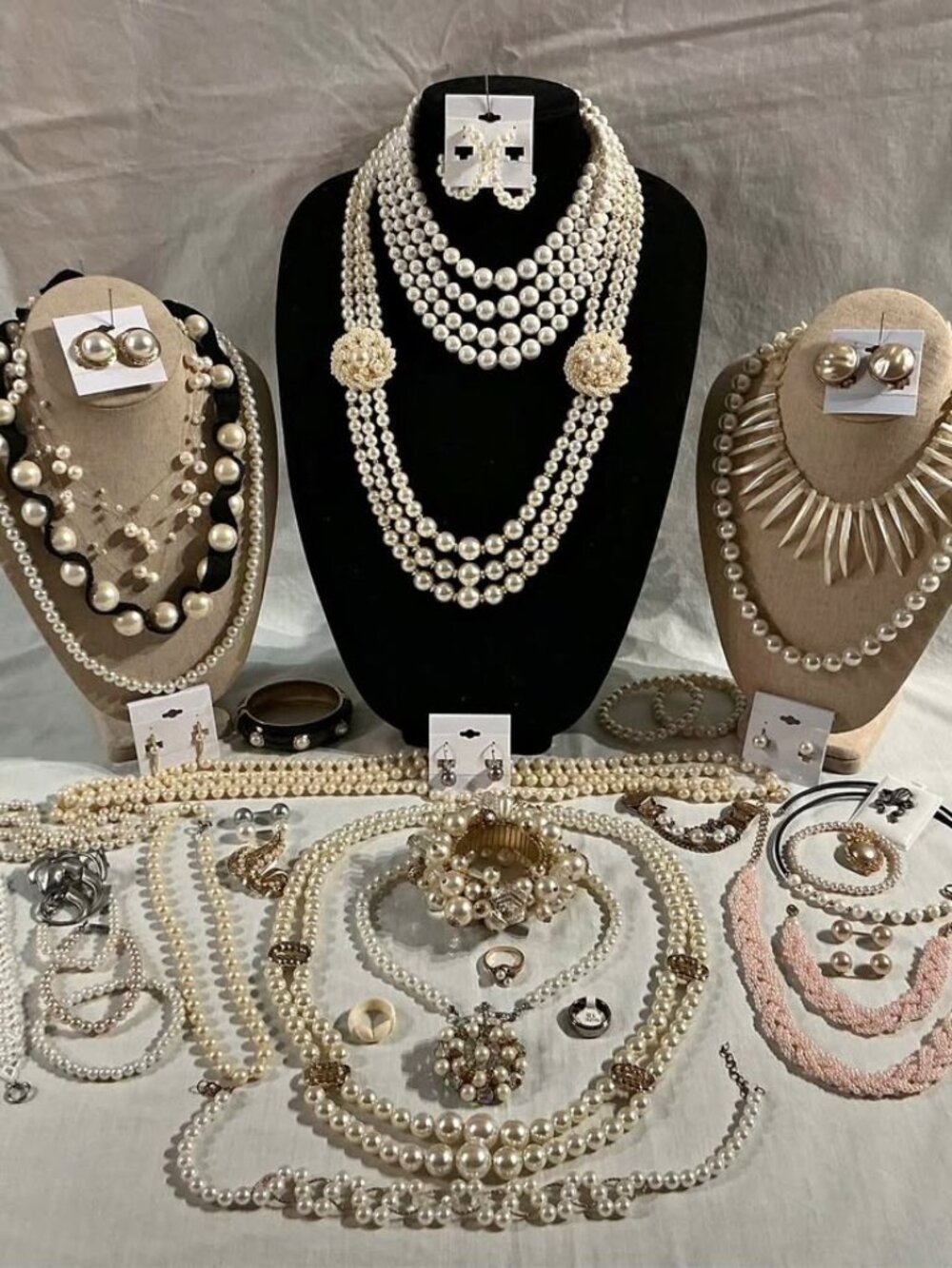Large Faux Pearl Jewelry Lot Necklaces Earrings Bracelets Brooches Vintage Style
